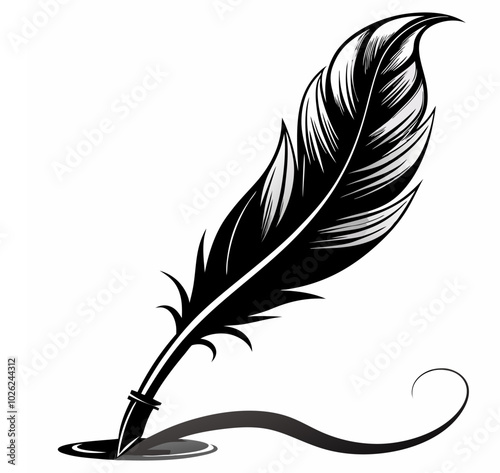 Vector illustration of stationery writing Feather and Ink pen signature, silhouette bird feather Ink quill pen writing curves, and icon.