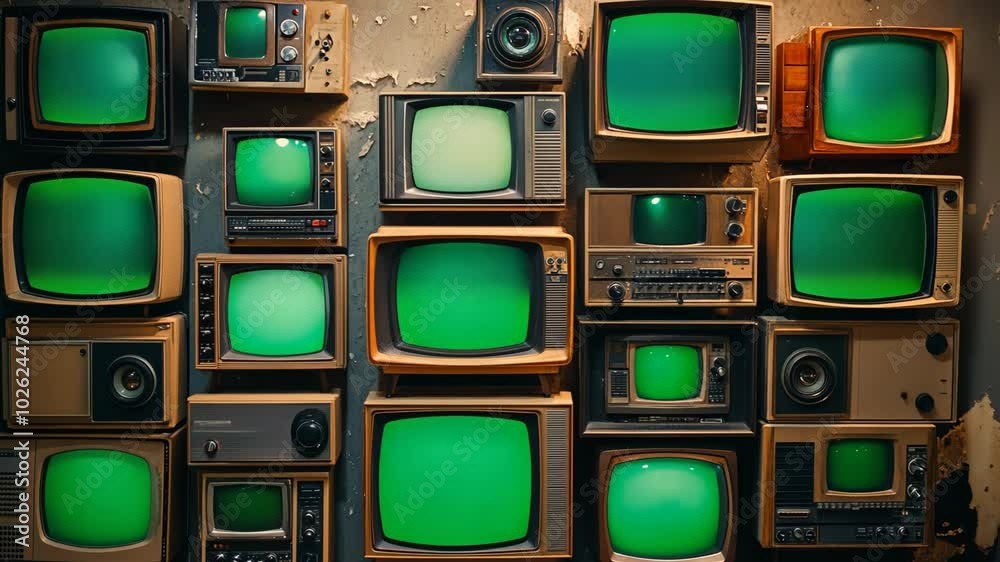 A wall covered in vintage televisions with green screens, showcasing a nostalgic backdrop