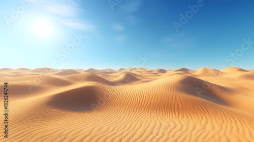 Big 3d realistic background of sand dunes. Desert landscape with blue sky