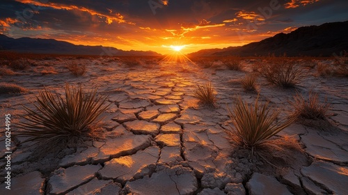 Sunset Over Cracked Earth in a Desert Landscape photo