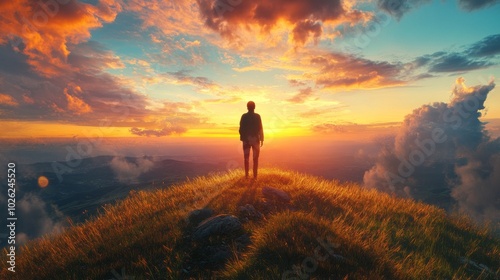 A man stands on a hilltop, looking out at the sunset