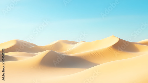 Big 3d realistic background of sand dunes. Desert landscape with blue sky