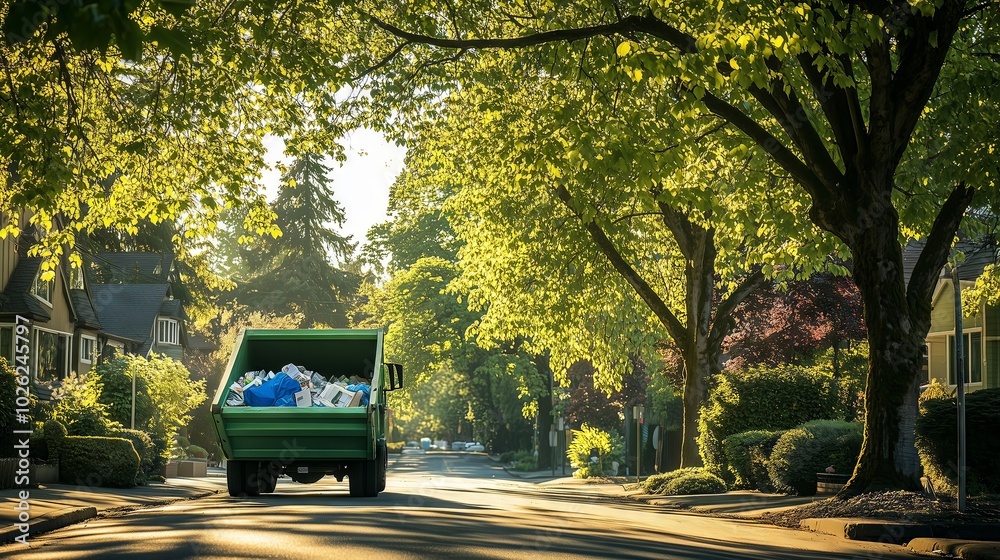 Obraz premium Garbage truck picking up trash in residential neighborhood on sunny summer morning