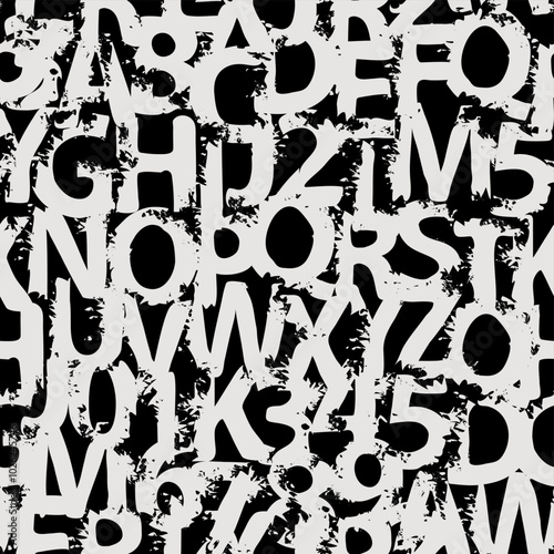 Seamless pattern with alphabet letters in form black and white paint splashes and blots. Abstract vector background with latin letters. Suitable for wallpaper, wrapping paper or fabric