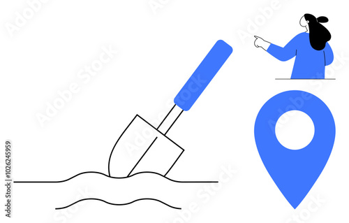 Woman pointing with hand, shovel digging into ground, large location marker on right. Ideal for gardening, navigation, location services, instructional content, educational purposes. Simple modern