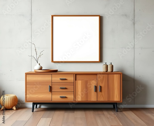 A modern living room with a wooden console table featuring drawers and shelves. On top, there's a vase with branches and two small jars. Above, a large blank square frame hangs on the wall