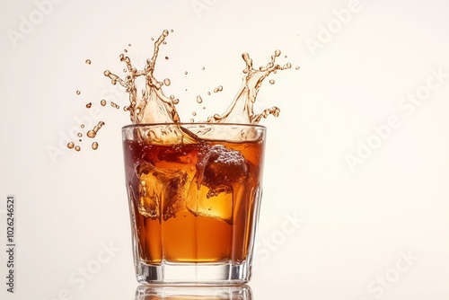 Glass of juice with ice cube, splash and splatter, isolated white background