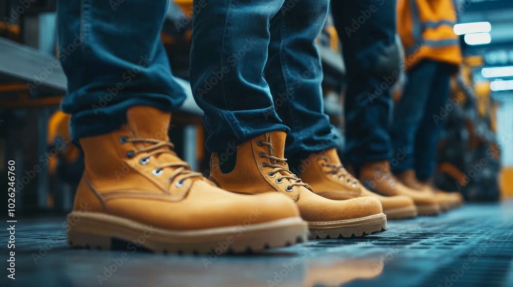 Close-up photos of Factory workers wearing safety shoes and working uniforms standing in the factory, ready for work in a dangerous workplace, Safety equipment concept Close-up photos of Factory workers wearing safety shoes and working uniforms standing in the factory, ready for work in a dangerous workplace, Safety equipment concept