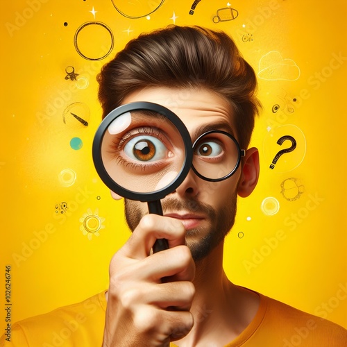 whimsical portrait of curious man peering through oversized magnifying glass against vivid yellow background embodying playful exploration and inquisitive spirit.