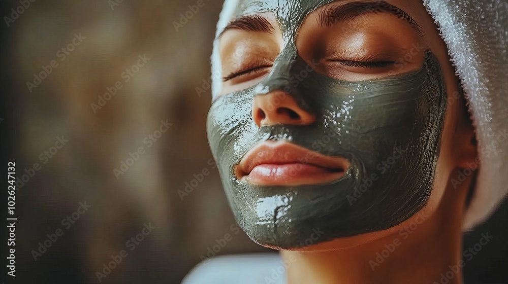 Close-up of a woman wearing a dark clay facial mask, eyes closed, at a spa. Close-up of a woman wearing a dark clay facial mask, eyes closed, at a spa.