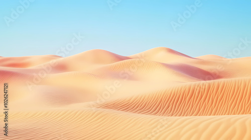 Big 3d realistic background of sand dunes. Desert landscape with blue sky photo