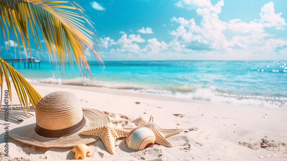 Tropical beach with sunbathing accessories summer holiday Tropical beach with sunbathing accessories summer holiday