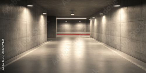 Empty modern underground tunnel with concrete walls and bright lighting in an urban setting