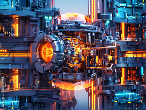 A futuristic-looking energy generation reactor with a glowing red and orange centre. 