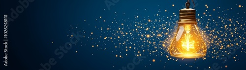 Glowing light bulb with sparkles on blue background, symbolizing innovation and creativity. photo