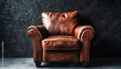 A vintage-style brown leather armchair against a textured dark wall, offering a cozy and inviting atmosphere for relaxation.