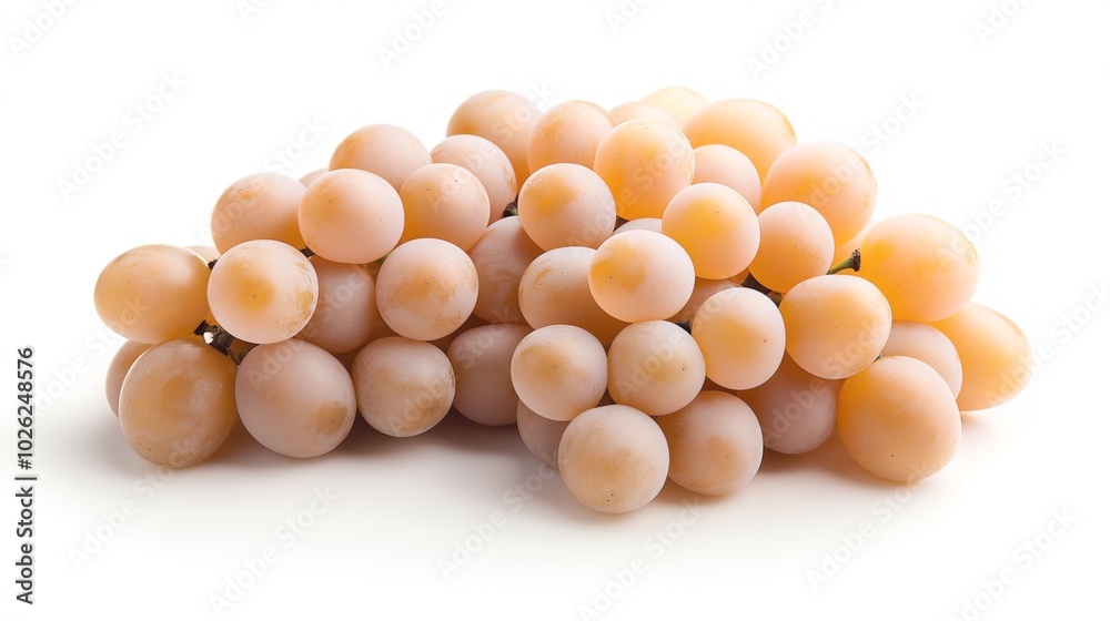 Cluster of fresh light green grapes on a white background highlighting their smooth texture and natural glossiness. Cluster of fresh light green grapes on a white background highlighting their smooth texture and natural glossiness.
