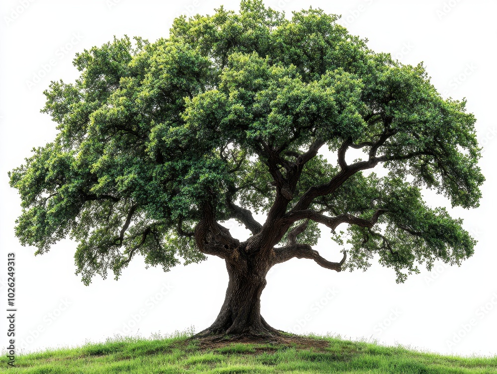 Fototapeta premium A detailed oak tree with broad, spreading branches and dense green foliage, isolated on white background 