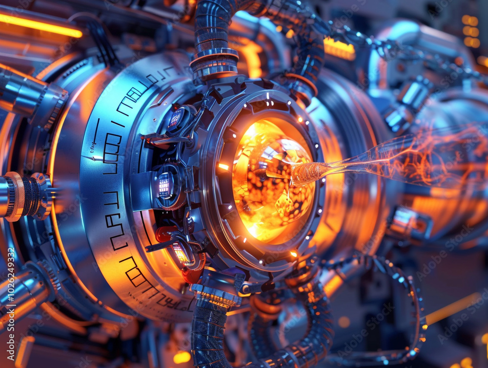 A futuristic-looking energy generation reactor with a glowing red and orange centre. A futuristic-looking energy generation reactor with a glowing red and orange centre.