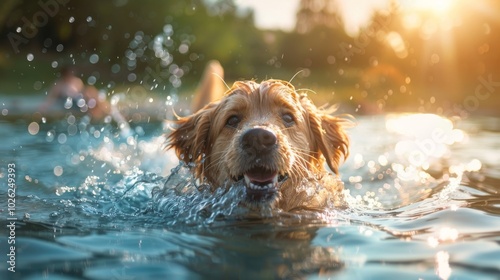 Golden retriever swimming in a pool on a sunny day.