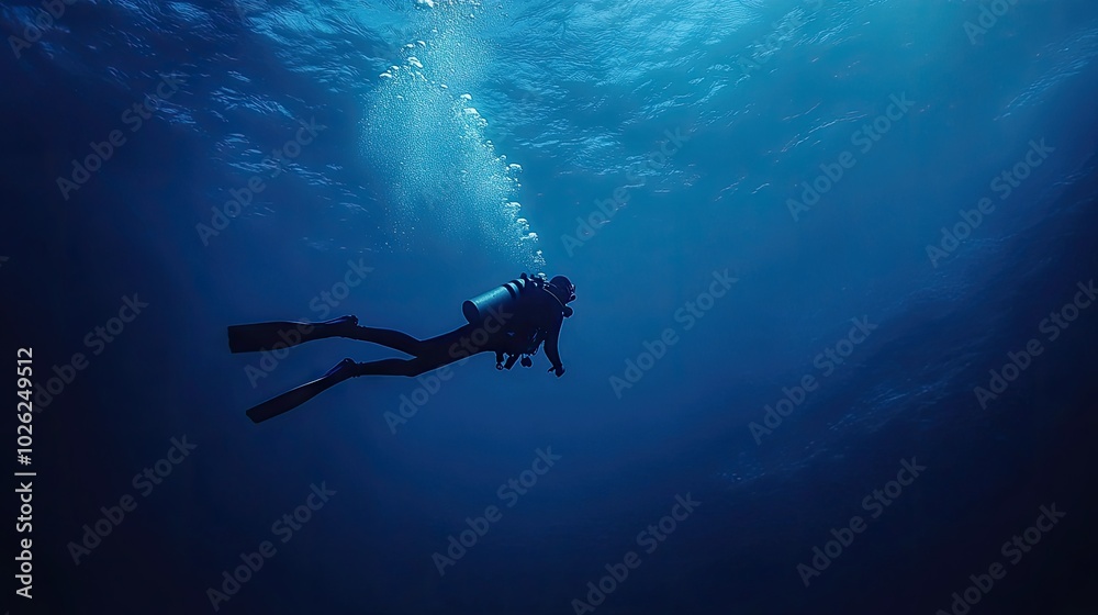 A lone scuba diver swims gracefully beneath the surface of a calm, deep blue ocean, creating a sense of adventure and peaceful exploration. A lone scuba diver swims gracefully beneath the surface of a calm, deep blue ocean, creating a sense of adventure and peaceful exploration.