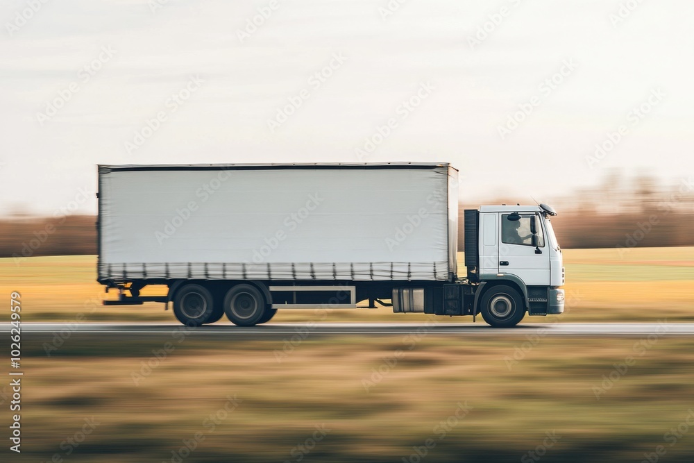 Freight lorry speeding down a rural road with a fully loaded trailer Freight lorry speeding down a rural road with a fully loaded trailer