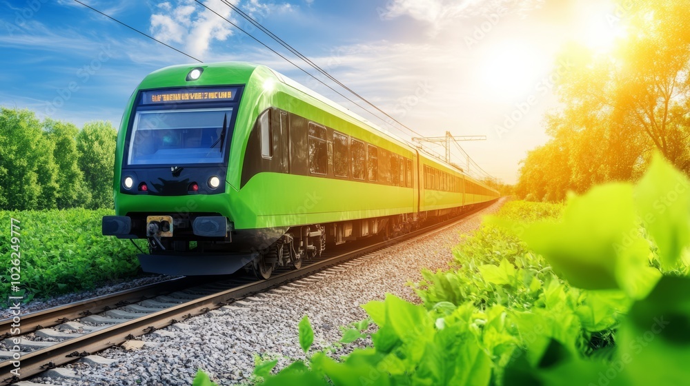 Green train traveling through a sunny landscape near lush greenery.