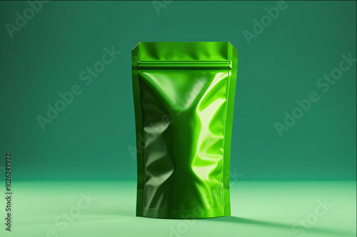 Green bag with a zipper on a green surface. Perfect for product display or mockups in various contexts. Green foil gusset pouch template for coffee tea premium bag presentation. Pouch packaging mockup