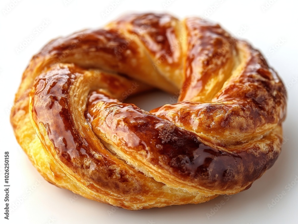 A detailed shot of a glazed cinnamon twist pastry, isolated on white background A detailed shot of a glazed cinnamon twist pastry, isolated on white background