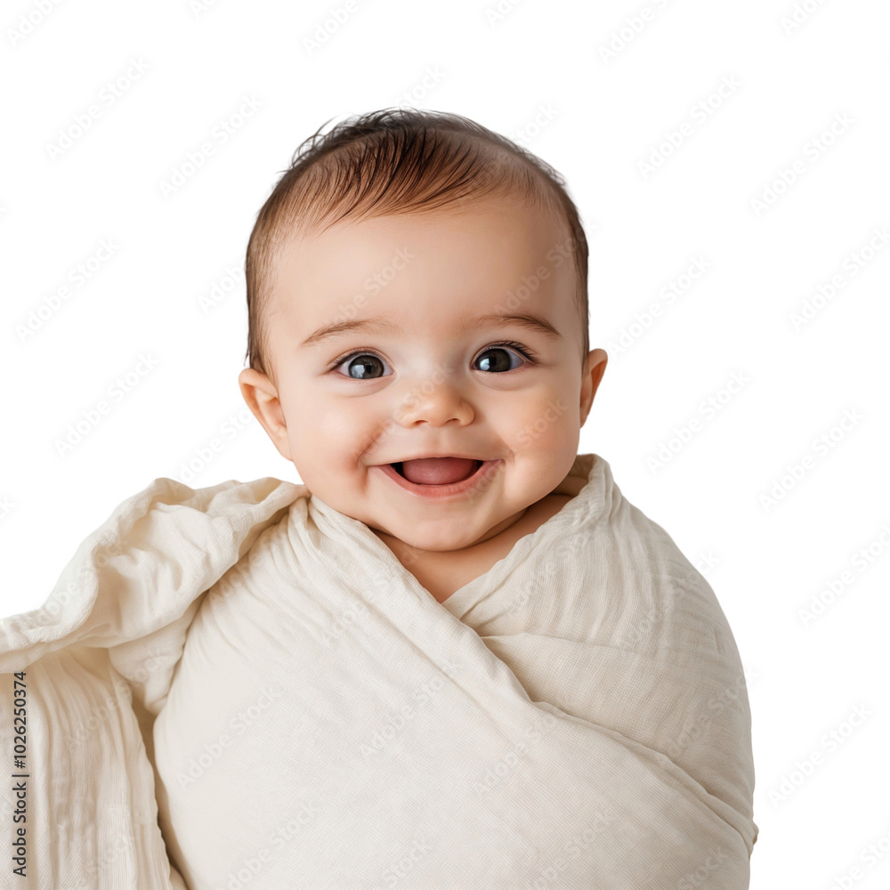 Smiling baby boy with a happy expression, isolated on transparent background