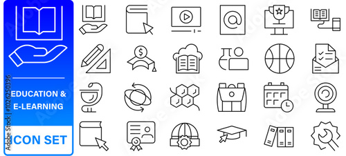 Education and Learning web icons in line style. School, university, textbook, learning. Vector illustration.
