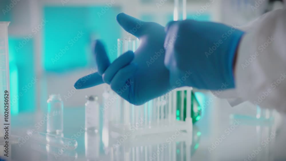 A gloved hand carefully positions glass test tubes and beakers in a brightly lit laboratory. The workspace features various scientific instruments against a colorful backdrop
