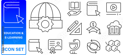 Education and Learning web icons in line style. School, university, textbook, learning. Vector illustration.