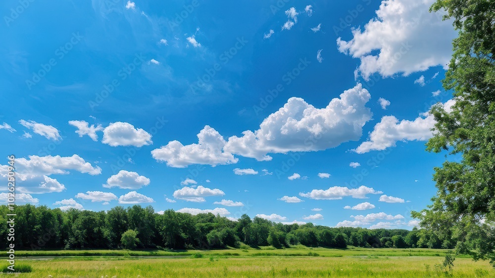 A serene landscape featuring a bright blue sky with fluffy clouds above a green field and trees. A serene landscape featuring a bright blue sky with fluffy clouds above a green field and trees.