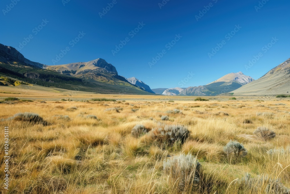 A mountain range with a large, open field in the foreground, generative ai image A mountain range with a large, open field in the foreground, generative ai image