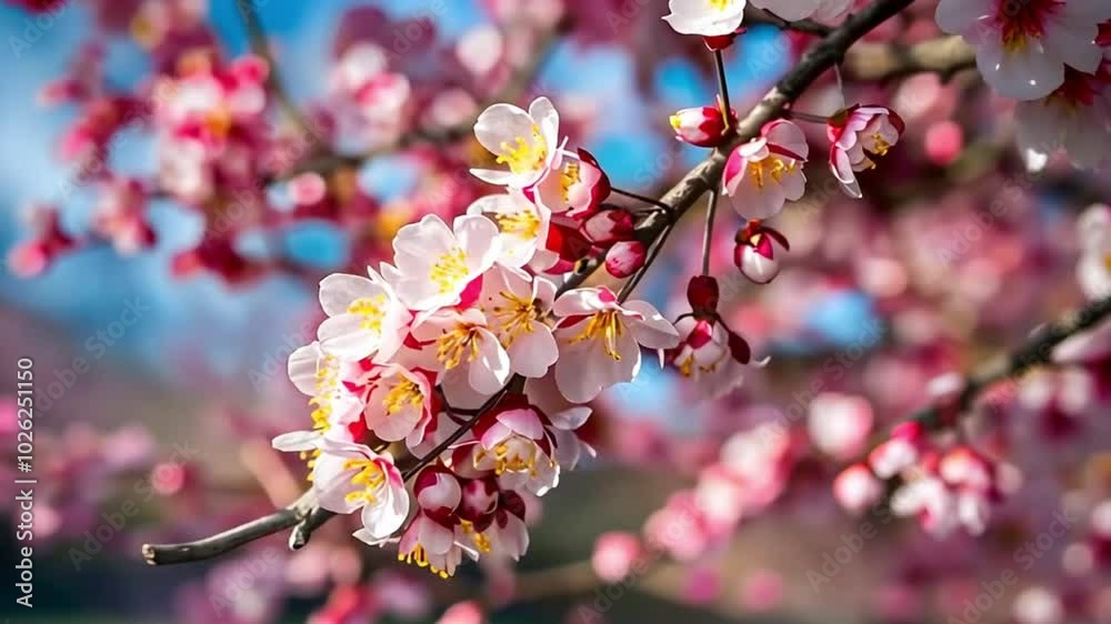 Detailed view of vibrant pink cherry blossoms in full bloom on a tree branch, Cherry blossoms in full bloom Detailed view of vibrant pink cherry blossoms in full bloom on a tree branch, Cherry blossoms in full bloom
