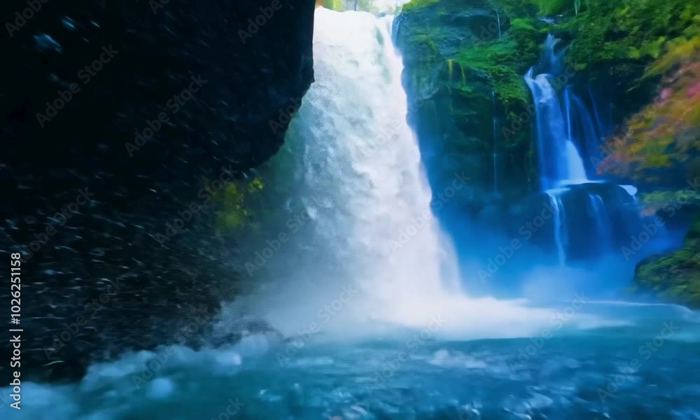 Continuous hyperspeed FPV: The camera zooms through a waterfall grotto ...