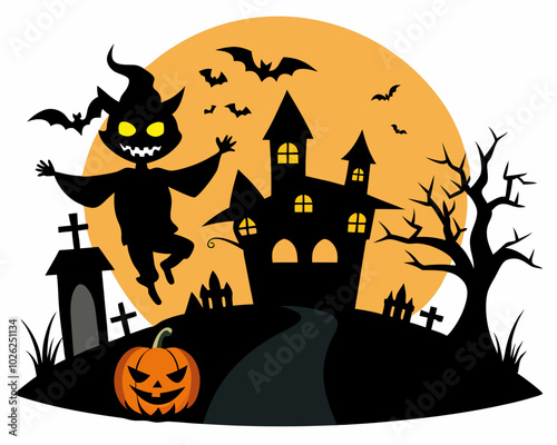 vector Halloween background with pumpkin and bats silhouette 