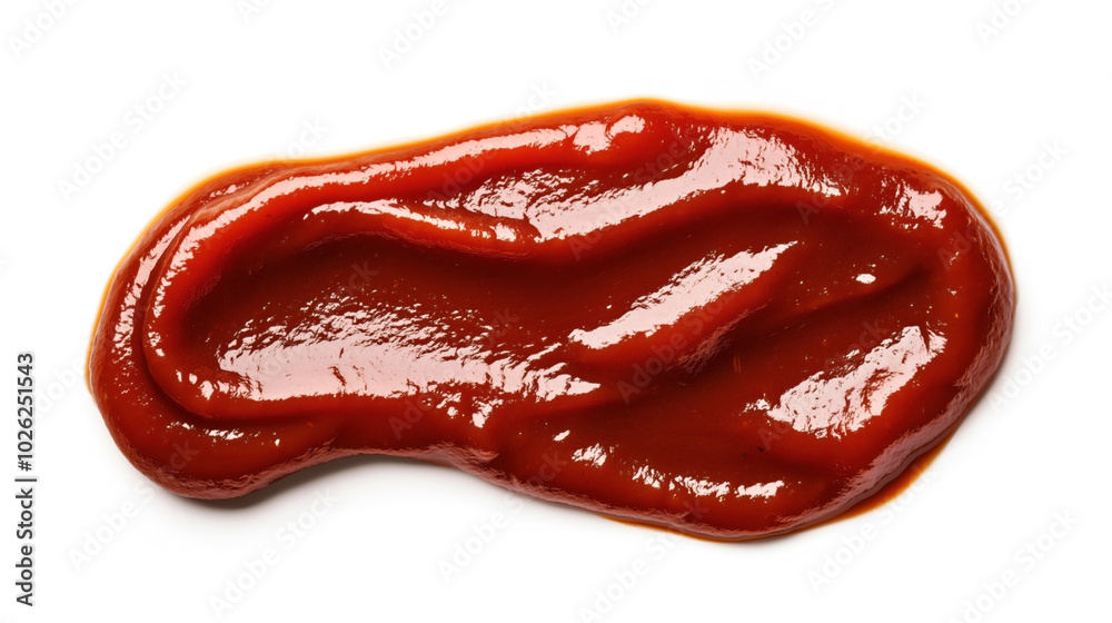 Close-up of a smooth, shiny swirl of red ketchup isolated on a white background