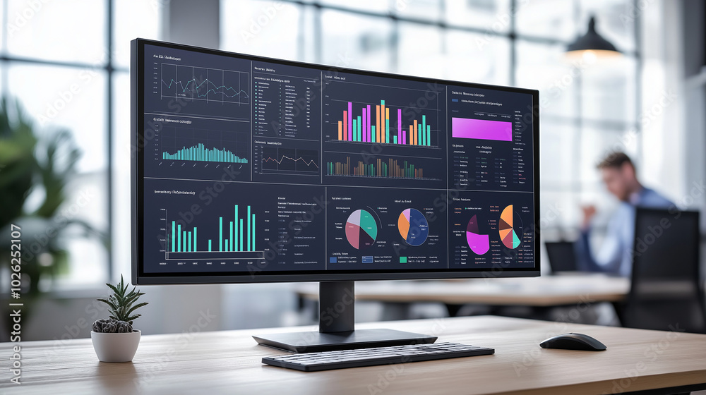 Sleek business analytics dashboard on large monitor showing real-time data visualizations like charts, graphs, and KPIs. Busy office background. High resolution to capture dashboard details Sleek business analytics dashboard on large monitor showing real-time data visualizations like charts, graphs, and KPIs. Busy office background. High resolution to capture dashboard details