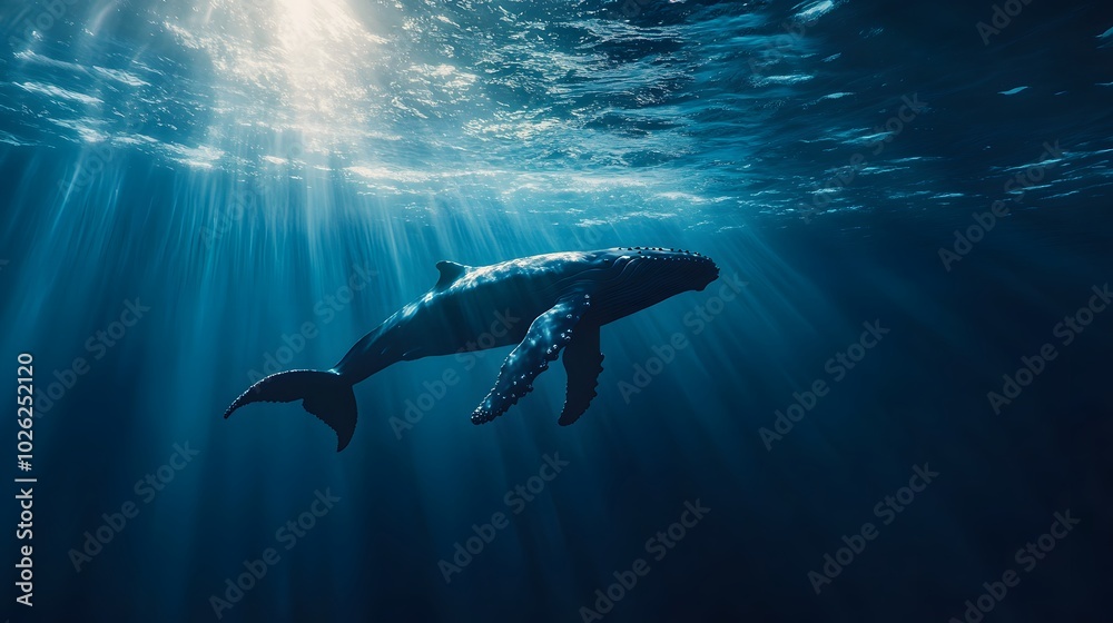 Obraz premium A vibrant azure ocean with sunbeams illuminating a majestic humpback whale swimming gracefully, captured in underwater photography that showcases serene marine beauty deep blue hues.