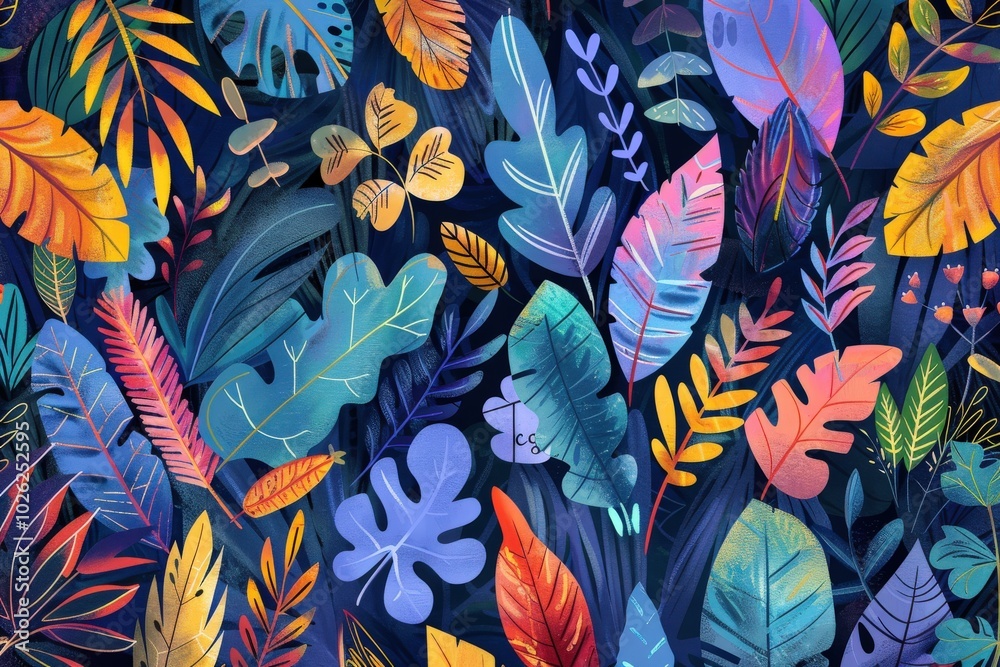 A colorful painting of leaves and flowers with a blue background, generative ai image A colorful painting of leaves and flowers with a blue background, generative ai image