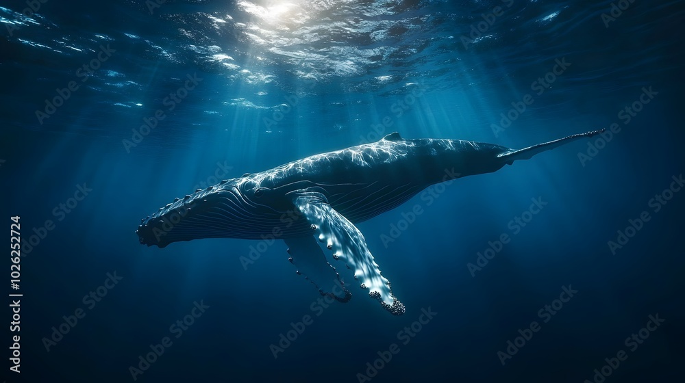 Fototapeta premium A vibrant azure ocean with sunbeams illuminating a majestic humpback whale swimming gracefully, captured in underwater photography that showcases serene marine beauty deep blue hues.