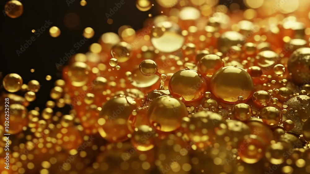Gold molten glass with bubbles abstract background. Close up of water drop on gold background. Colorful liquid water backdrop background bubbles flow fluid splash. Close up of beer bubbles