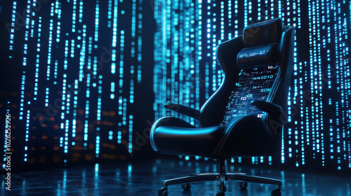 binary code executive chair with electronic lights, perfect for digital business and technology concepts