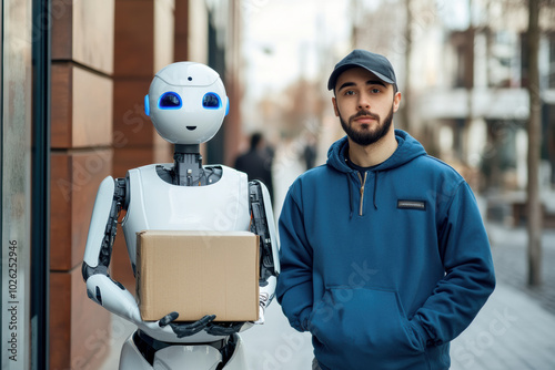 Man and Robot Working Together on Package Delivery in Urban Environment, A man in a blue hoodie standing next to a robot holding a package, symbolizing collaboration between humans and robots photo