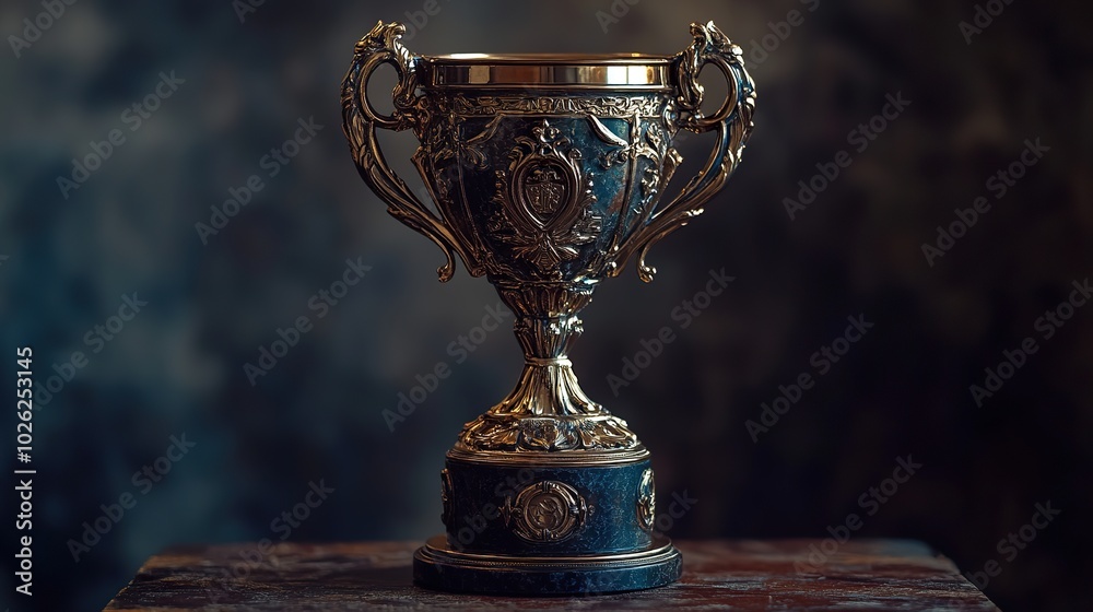 Gold Trophy Award with Detailed Base Handles and Cup Isolated on Dark Background Gold Trophy Award with Detailed Base Handles and Cup Isolated on Dark Background