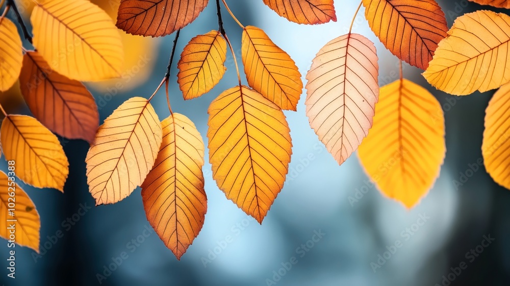 Close-up of vibrant autumn leaves on branches with a blurred blue background, showcasing intricate leaf veining and texture in warm orange hues. Close-up of vibrant autumn leaves on branches with a blurred blue background, showcasing intricate leaf veining and texture in warm orange hues.