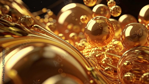 Gold molten glass with bubbles abstract background. Close up of water drop on gold background. Colorful liquid water backdrop background bubbles flow fluid splash. Close up of beer bubbles