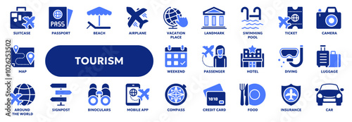 Set of vector solid icons related to tourism, summer vacation, airplane travel. Symbols for website or app ui, logo design, illustration